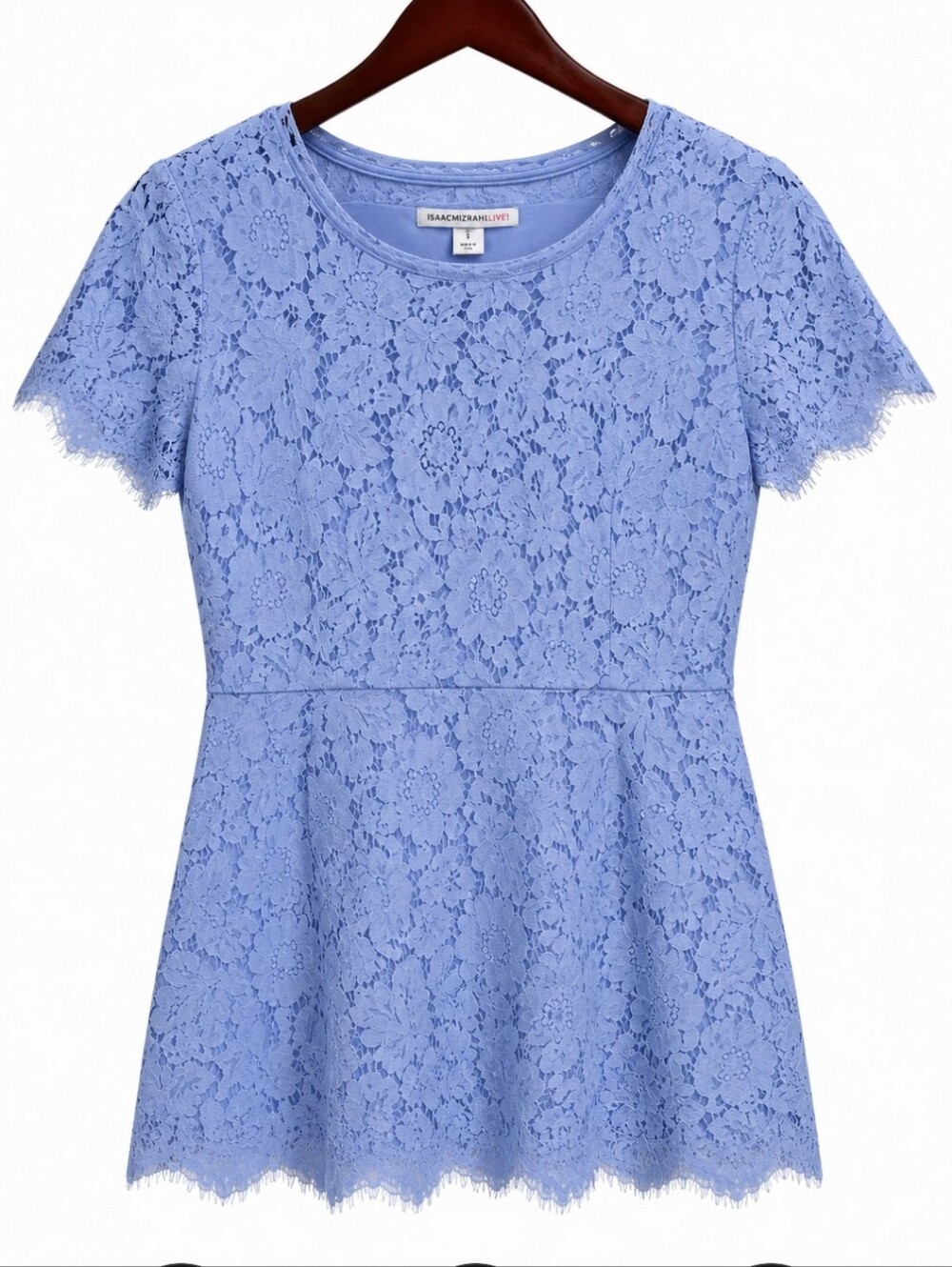 Isaac Mizrahi Live Blue Floral Lace Peplum Scalloped Hemline Tunic Blouse Sz Sm